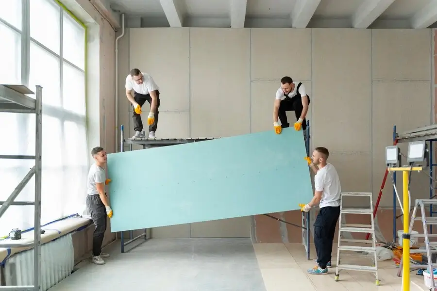 men installing a sheetrock panel drywall